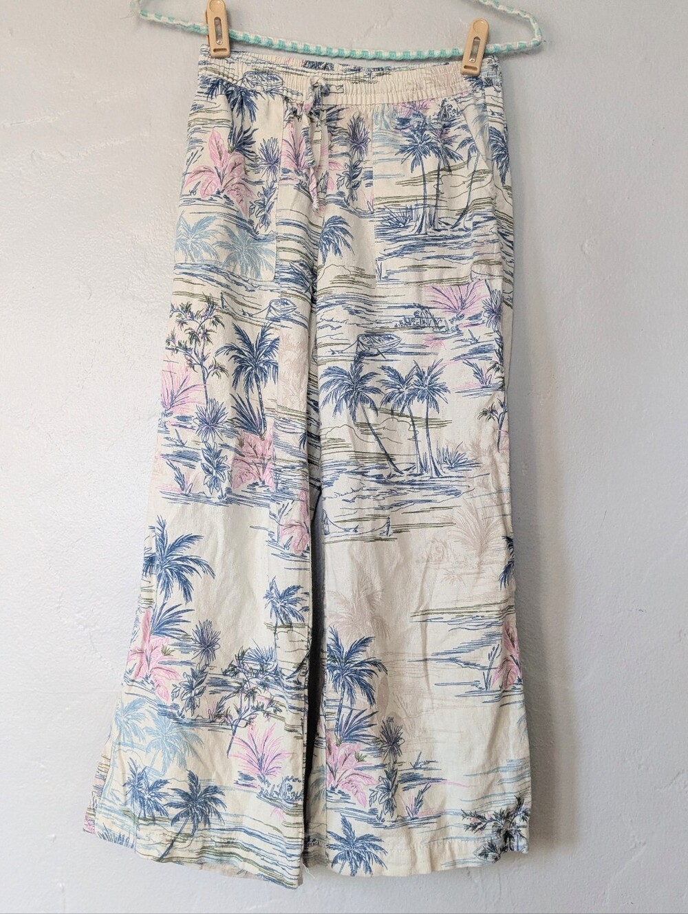 Gap Kids Tropical Palm Print Wide Leg Pants Medium (8) Blue Pink Beachy